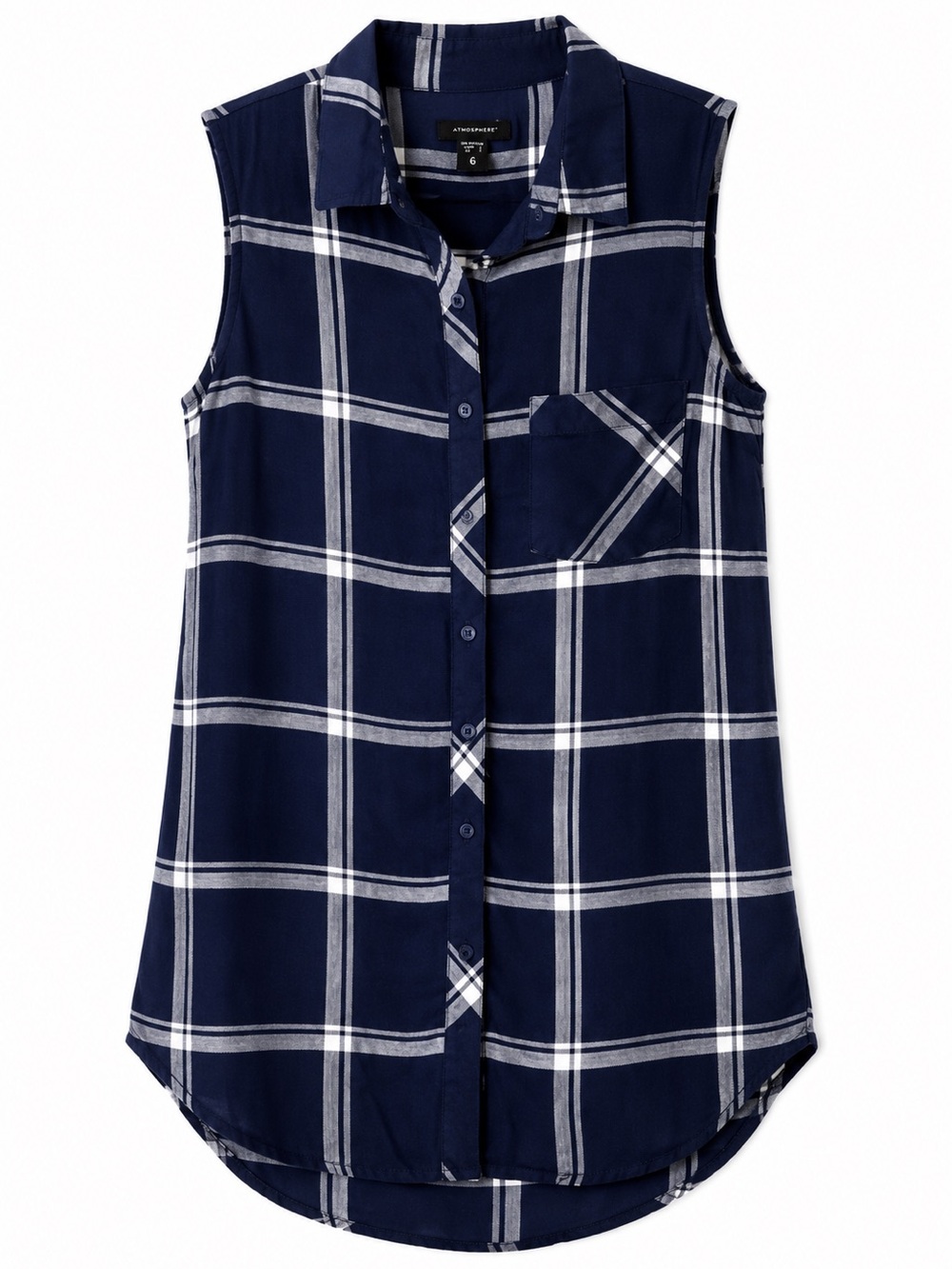 Atmosphere Navy Plaid Sleeveless Button Down Shirt Size 6 Longline